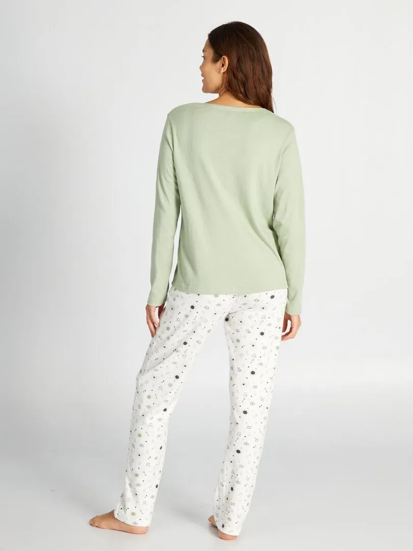 CONJUNTO DE PIJAMA LARGO CAMISETA + PANTALóN DE PUNTO  2 PIEZAS  VERDE